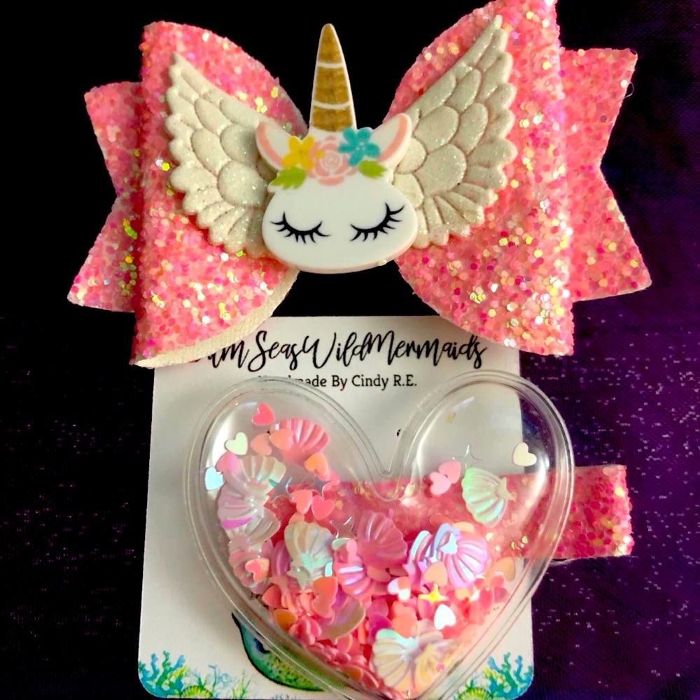 Kids Unicorn & heart hair clip set by CalmSeasWildMermaids Brand New
